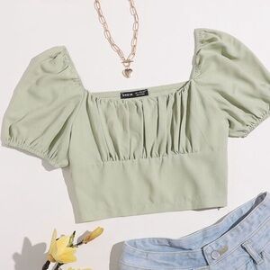 Green Puff Sleeve Ruched Crop Blouse